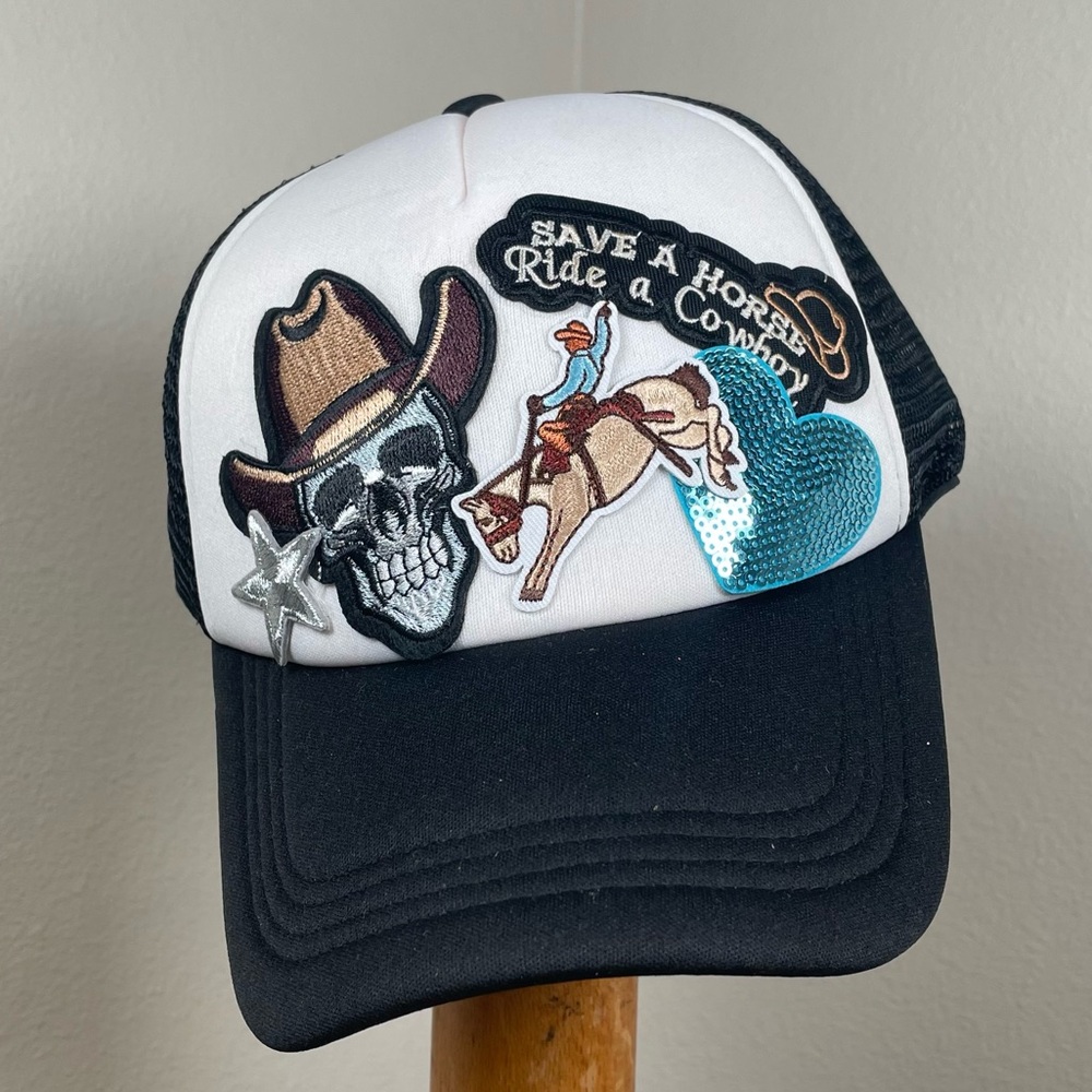 NEW Black & White Western Trucker Skull Cowboy Hat Save a Horse Ride a Cowboy
